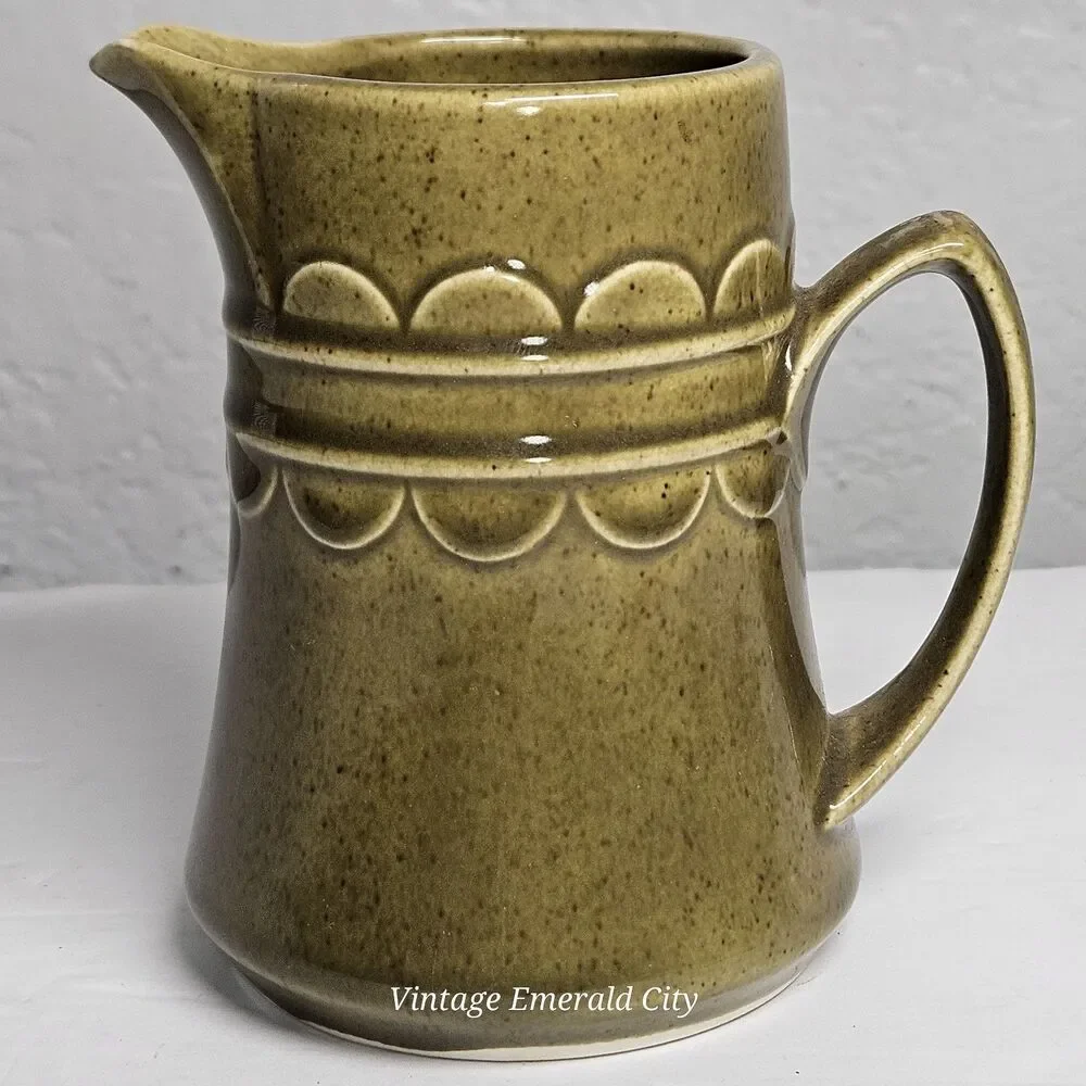 Vtg Homer Laughlin Sheffield 70s Olive Granada Green Ceramic Creamer Pitcher 7in